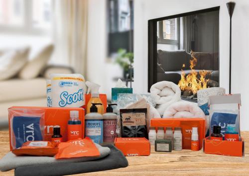 a pile of products sitting on top of a table at Catamount Lodge in Ridgway