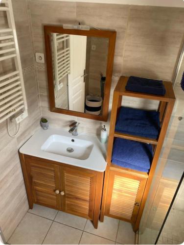 une salle de bain avec un lavabo et un miroir dans l'établissement Proche Bordeaux centre : petite maison de ville +parking, à Cenon