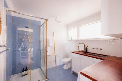 a bathroom with a shower and a toilet at 'Lazy Susan's' Waterfront Shack in Primrose Sands