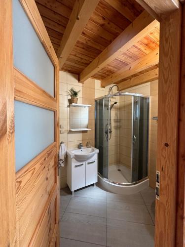 a bathroom with a shower and a sink at Kopalino 7th Heaven in Kopalino