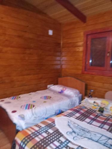 2 camas en una habitación con paredes de madera en casa vacacional, en Ledaña