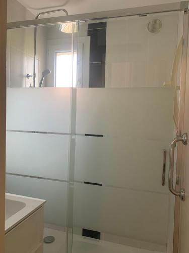une douche en verre dans une salle de bain avec un lavabo dans l'établissement Appartement jardin Cap d'Agde, au Cap d'Agde