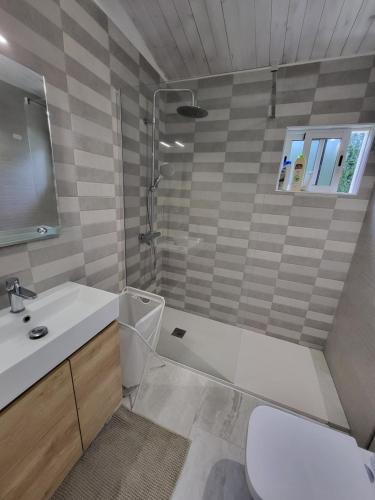 uma casa de banho com um chuveiro, um WC e um lavatório. em Preciosa cabaña em Guía de Isora