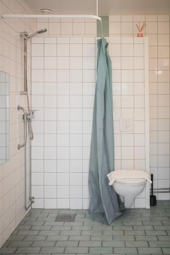 a bathroom with a shower with a toilet and a tub at Två Systrar B&B in Skurup