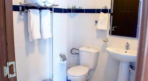 uma casa de banho branca com um WC e um lavatório em Hotel Angle Atlas em El Ksiba