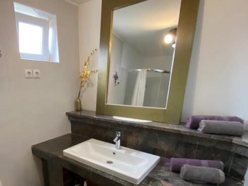 een badkamer met een wastafel en een spiegel bij Hostel Mornar in Velika Kladuša