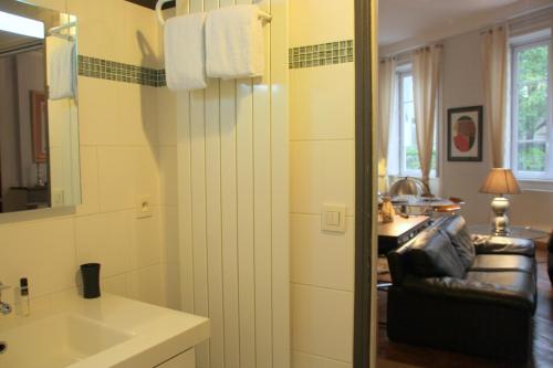 a bathroom with a sink and a mirror and a couch at Appart' Fleurieu in Lyon