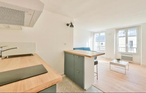une cuisine avec un évier et un plan de travail dans l'établissement Grand Studio Paris 2 EME SENTIER, à Paris