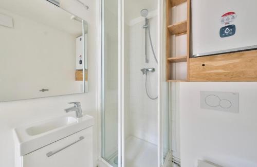 une salle de bain avec une douche, un lavabo et un miroir dans l'établissement Grand Studio Paris 2 EME SENTIER, à Paris