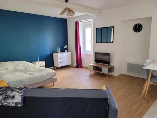un salon avec un lit et une télévision dans l'établissement Grand Studio l'Hermitage, à Sainte-Gemme-sur-Loire