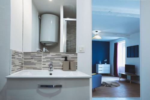 une cuisine avec un évier et un salon dans l'établissement Grand Studio l'Hermitage, à Sainte-Gemme-sur-Loire