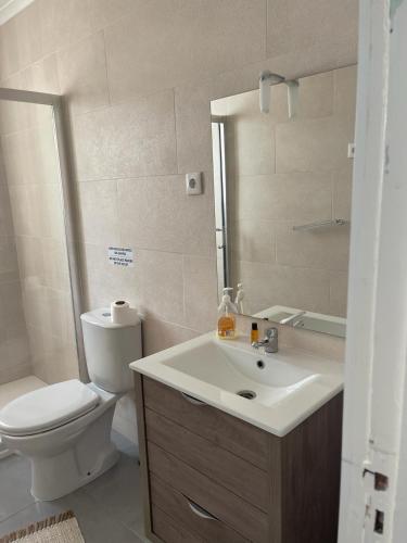 a bathroom with a sink and a toilet and a mirror at Casa Miradouro in Nazaré