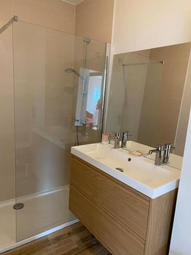 une salle de bain avec un lavabo et une douche dans l'établissement Vue Mer 2 pas des plages 10 pers 4 chambres Villa KER LOT PLAGE, à Saint-Nazaire