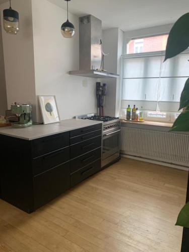 une cuisine avec une cuisinière et un comptoir dans l'établissement Maison avec jardin à Lille Bois Blancs, à Lille