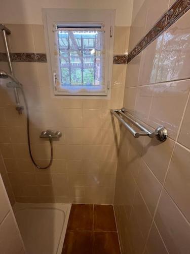 La salle de bains est pourvue d'une douche et d'une fenêtre. dans l'établissement Résidence Les Hameaux de Sta Giulia - N1 - Vue mer - Piscine chauffée - Plage 200 m, à Porto-Vecchio