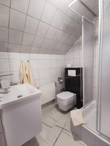 a bathroom with a toilet and a sink and a shower at Hotel Art Balkanhof in Gelsenkirchen