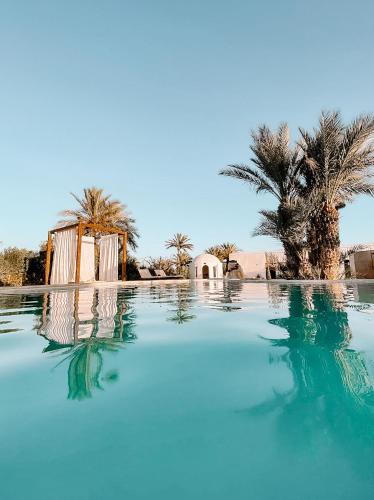 a swimming pool with blue water and palm trees at Menzel Al karam, in Temlale