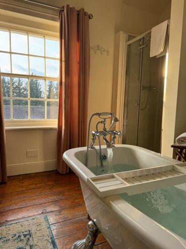een badkamer met een bad, een raam en een wastafel bij Clone Country House in Aughrim