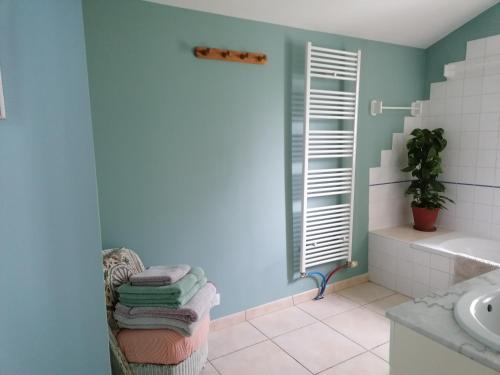 a bathroom with blue walls and a sink and a mirror at Lodge in Saint-Ciers-Sur-Bonnieure in Saint-Ciers-sur-Bonnieure