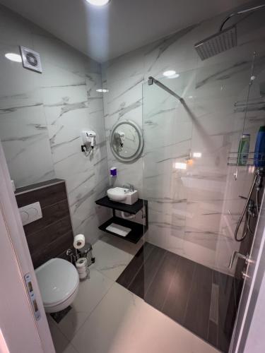 a bathroom with a shower and a toilet and a sink at Sunny Corner Apartments in Visoko