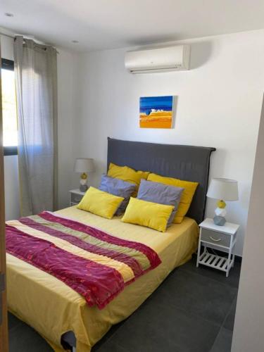 - une chambre avec un lit doté d'oreillers jaunes et bleus dans l'établissement Charmant T3 5 min de porticcio, à Porticcio