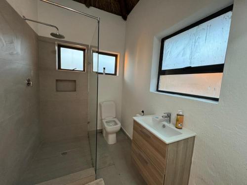 Thula-Thula Private Game Lodge Mabalingwe في بيلا بيلا: حمام مع دش ومرحاض ومغسلة
