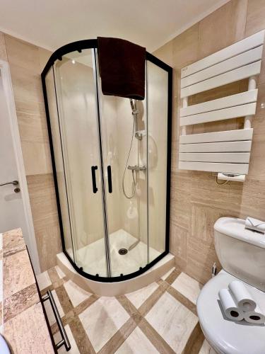 une salle de bain avec douche et toilettes dans l'établissement Charmant & Calme 3P climatisé 2 chambres Vue panoramique Parking privatif en sous sol, à Nice