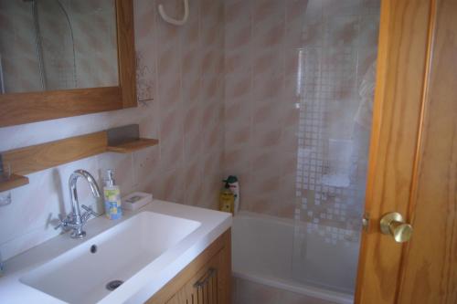 y baño con lavabo y ducha. en Apartamentos Marineu Voramar, en Alcossebre
