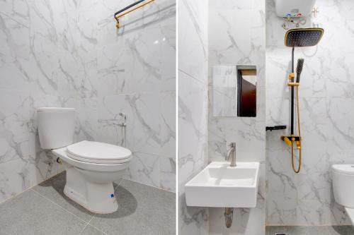 two pictures of a bathroom with a toilet and a sink at Capital O 93266 Palmier Hotel in Yogyakarta