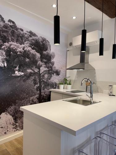 une cuisine avec une fresque d'arbre sur le mur dans l'établissement Mazarin Suite Centre ville historique proche cours Mirabeau, à Aix-en-Provence