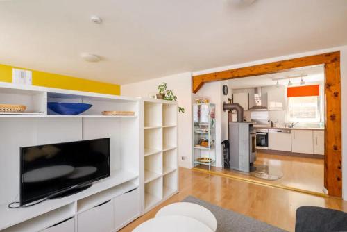 a living room with a tv and a kitchen at Barocke Stadtvilla Ophelia nahe Europapark 45qm 1,5 Zi Studio in Ettenheim