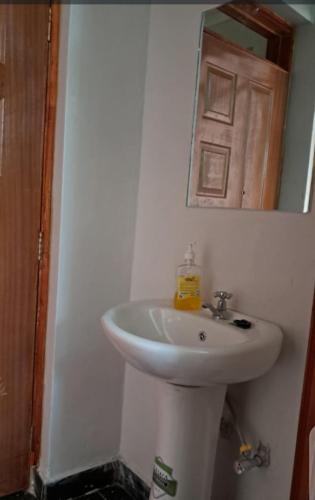 a bathroom with a white sink and a mirror at Palm homes in Mutomo