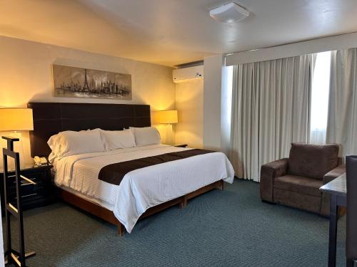 um quarto de hotel com uma cama e uma cadeira em Hotel del Fresno em Fresnillo de González Echeverría