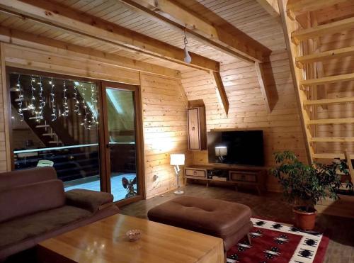 ein Wohnzimmer mit einem Sofa und einem TV in der Unterkunft Villa Albani in Peja