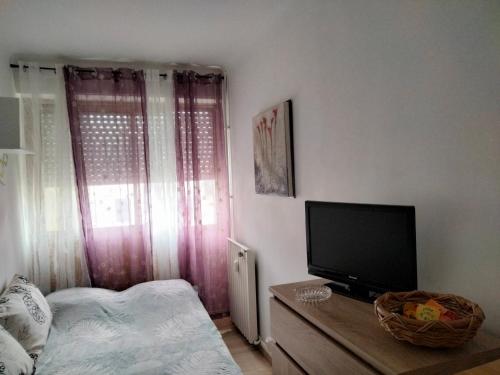 une chambre avec un lit et une télévision à écran plat dans l'établissement Studio à côté de la plage, à Hendaye