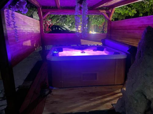 a jacuzzi tub with purple lighting in a backyard at Villa Romina in Selva di Fasano