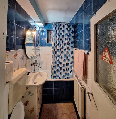 a blue tiled bathroom with a sink and a toilet at Hellen Studio Predeal in Predeal