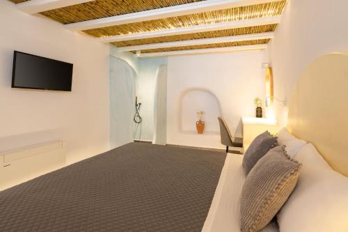 um quarto de hotel com uma cama e uma televisão em Captain's house suites em Vóthon
