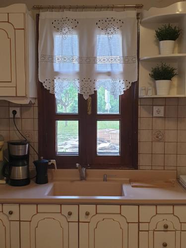 a kitchen with a sink and a window at Geomelia Guest Studio 1 & Geomelia Guest Studio 2 in Poligiros
