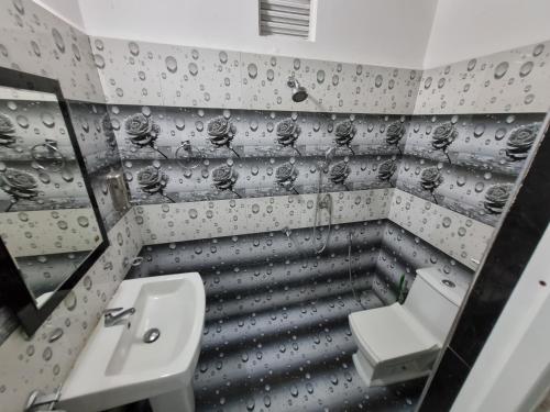 a bathroom with a sink and a toilet and a mirror at Nilaveli Guest House in Nilaveli