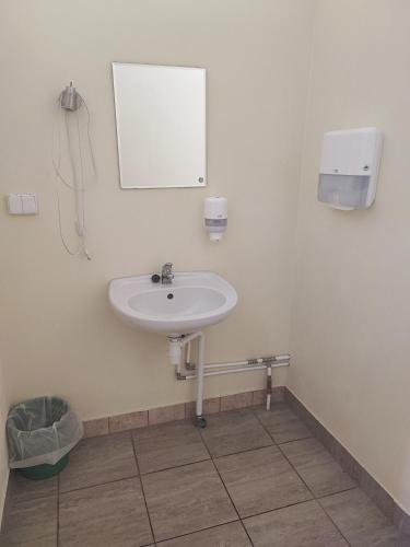 a bathroom with a sink and a mirror on the wall at Lainela puhkeküla in Käsmu