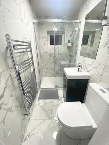 a bathroom with a shower and a toilet and a sink at THE ROYAL BOUTIQUE WESTMINSTER LODGE by LONDON SLEEP 9 in Hayes