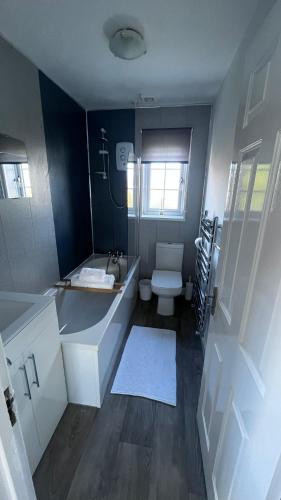 a bathroom with a toilet and a sink and a tub at Florence house in Thornaby on Tees