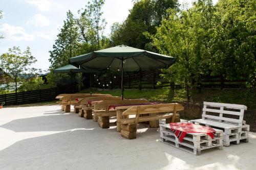 een groep picknicktafels met een groene paraplu bij Vila Roua Urseiu in Urseiu