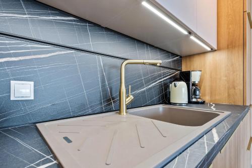 - un comptoir de cuisine avec un évier et un robinet dans l'établissement Boutique Hollerich Apartment, à Luxembourg