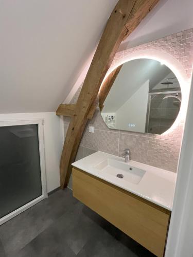 une salle de bain avec un lavabo et un miroir dans l'établissement Les Gîtes de La Pellerie - 20 personnes - piscines intérieure & extérieure et Jacuzzi - 3 gîtes, à Saint-Branchs