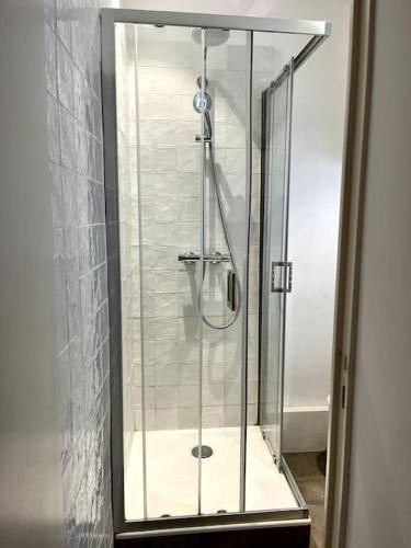 une douche avec une porte vitrée dans une salle de bain dans l'établissement Le Madeleine, 2pers wifi et Tv, à Nantes