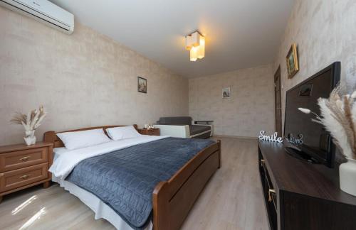 a bedroom with a large bed and a television at Двухкомнатные апартаменты на Осокорках in Kyiv