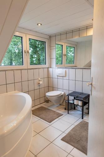 a bathroom with a toilet and a sink and windows at Staufenberg in Korschenbroich