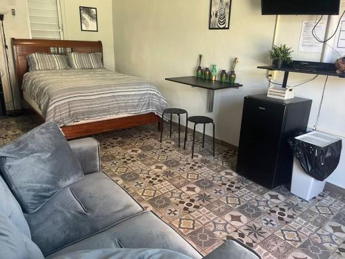 a living room with a bed and a couch at Hospederia Villa Alegre Estudio 7 in Cabo Rojo